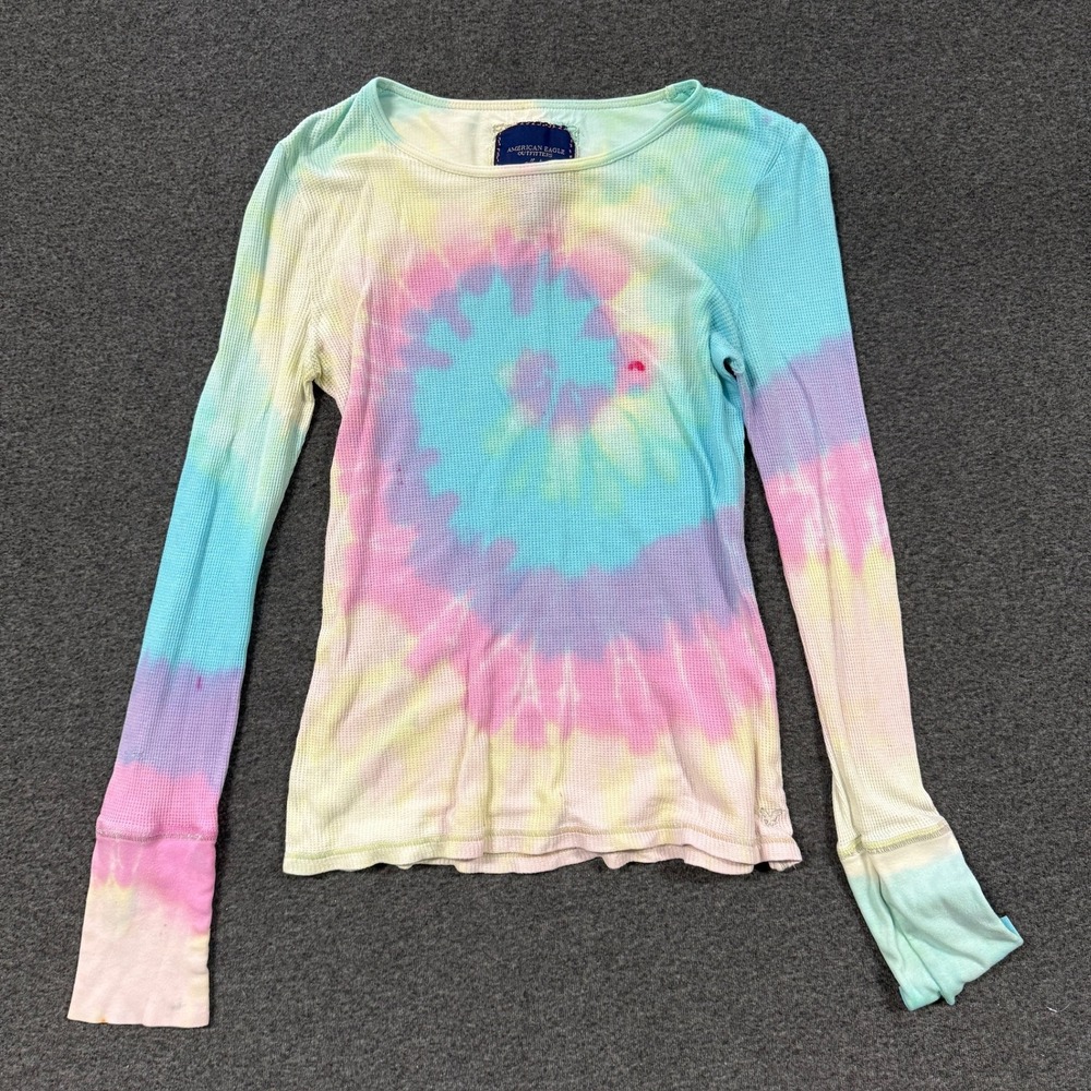 American Eagle Waffle Knit Top Womens Medium Multi Color Good Tie Dye Y2K